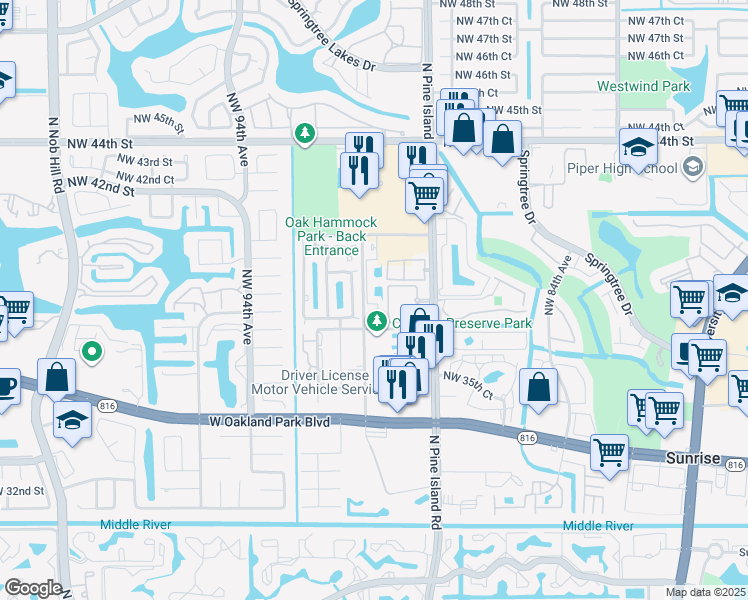 map of restaurants, bars, coffee shops, grocery stores, and more near 3930 Northwest 90th Way in Sunrise