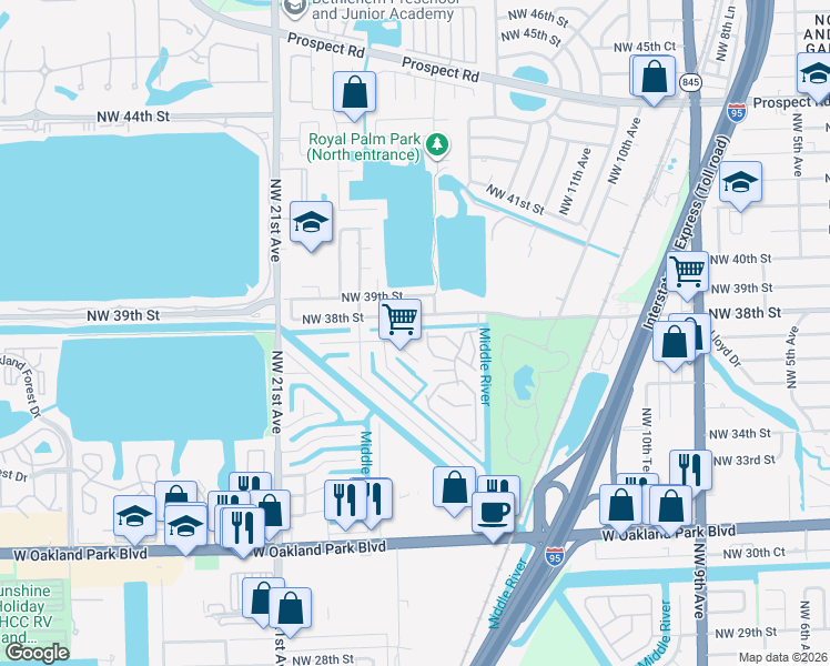 map of restaurants, bars, coffee shops, grocery stores, and more near 1717 Northwest 37th Street in Oakland Park
