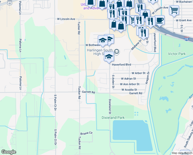 map of restaurants, bars, coffee shops, grocery stores, and more near 2453 Post Oak Road in Harlingen