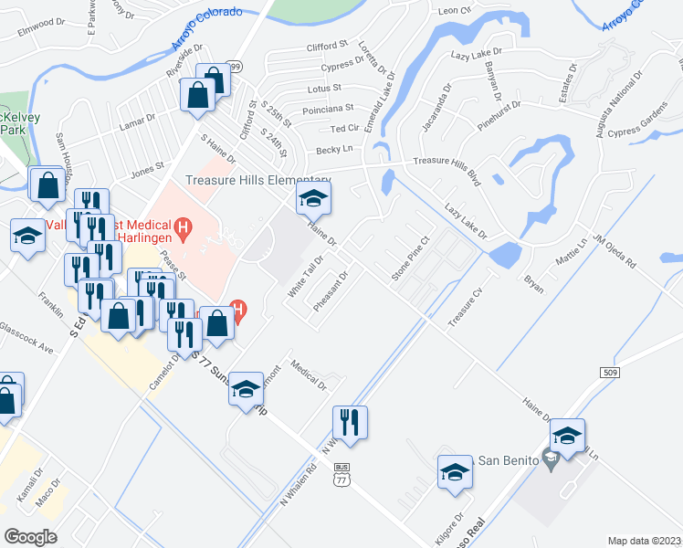 map of restaurants, bars, coffee shops, grocery stores, and more near 2126 Pheasant Drive in Harlingen