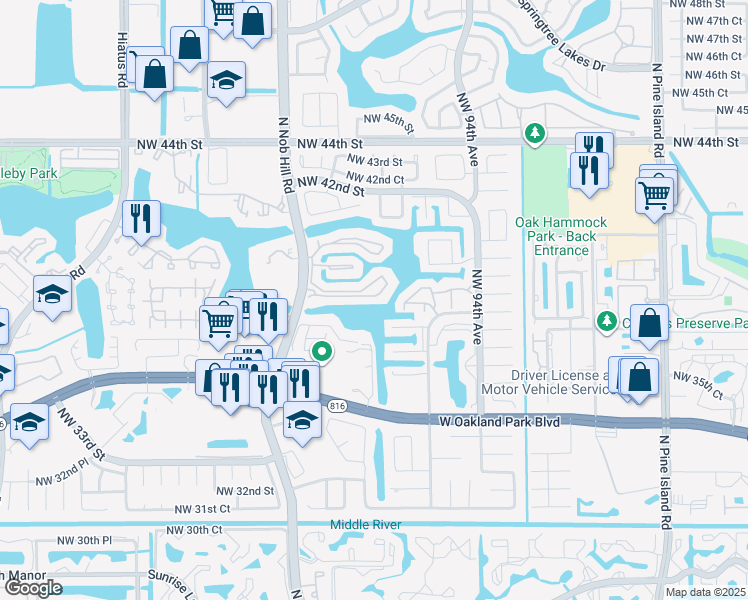 map of restaurants, bars, coffee shops, grocery stores, and more near 580 Nob Hill Court in Sunrise