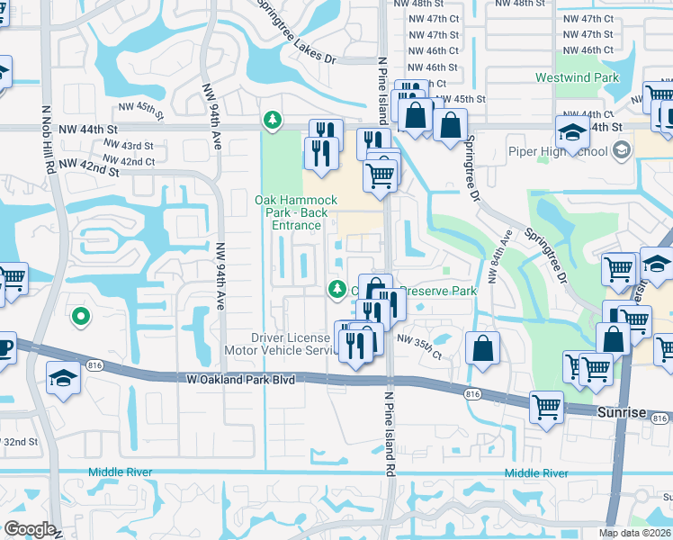 map of restaurants, bars, coffee shops, grocery stores, and more near 3871 North Pine Island Road in Sunrise