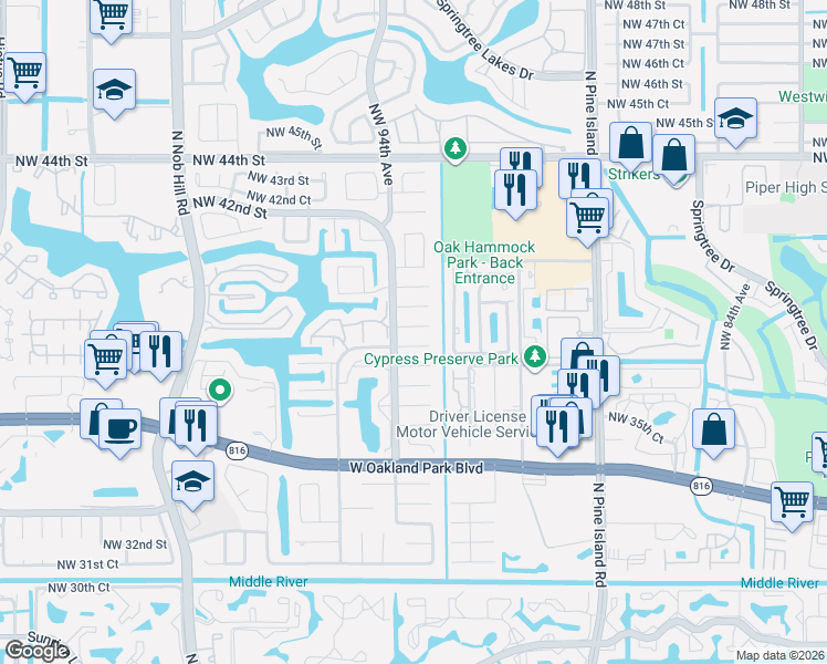 map of restaurants, bars, coffee shops, grocery stores, and more near 9381 Northwest 38th Place in Sunrise