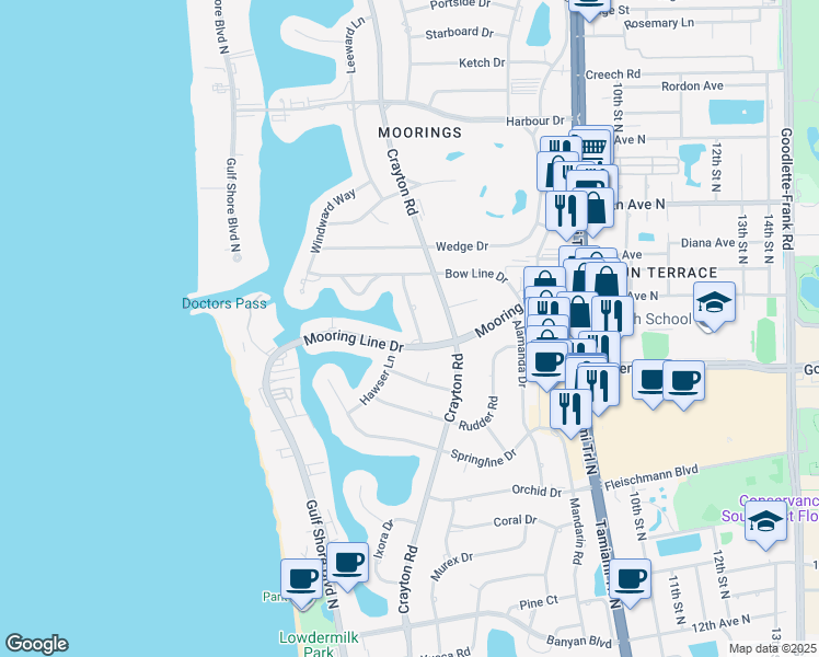 map of restaurants, bars, coffee shops, grocery stores, and more near 2225 Beacon Lane in Naples