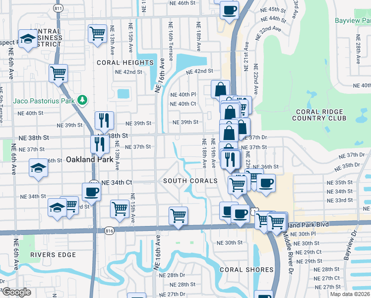 map of restaurants, bars, coffee shops, grocery stores, and more near 1701 Northeast 37th Street in Oakland Park