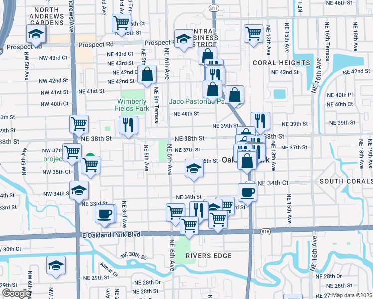 map of restaurants, bars, coffee shops, grocery stores, and more near 699 Northeast 37th Street in Oakland Park