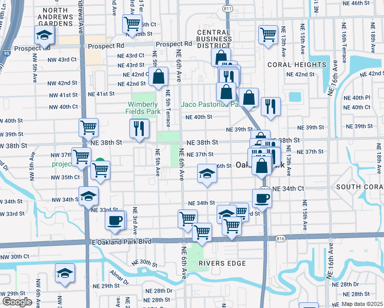 map of restaurants, bars, coffee shops, grocery stores, and more near 699 Northeast 37th Street in Oakland Park
