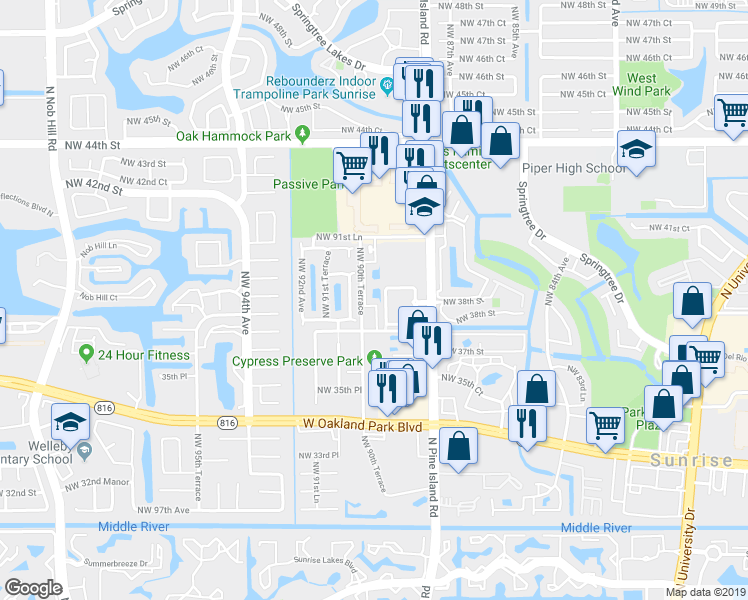 map of restaurants, bars, coffee shops, grocery stores, and more near 3871 North Pine Island Road in Sunrise