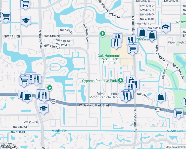 map of restaurants, bars, coffee shops, grocery stores, and more near 9381 Northwest 38th Place in Sunrise