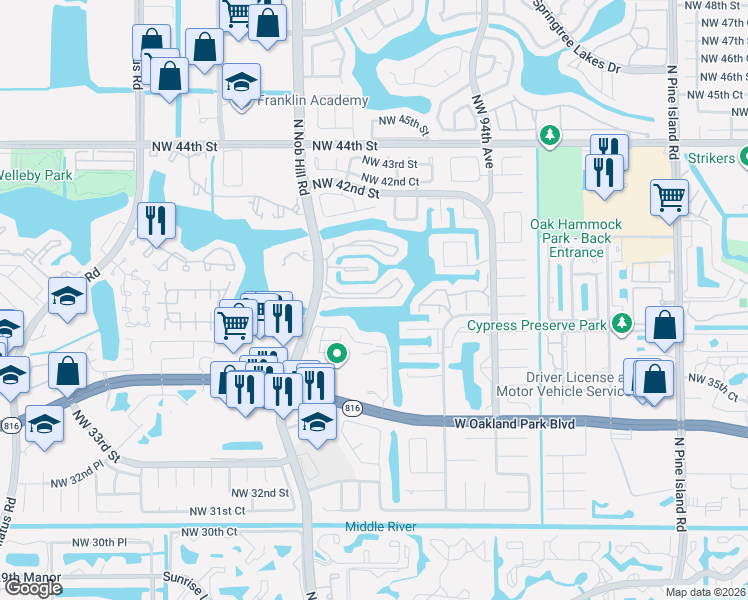 map of restaurants, bars, coffee shops, grocery stores, and more near 9933 Nob Hill Court in Sunrise
