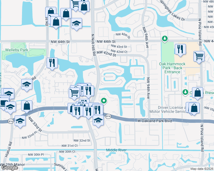 map of restaurants, bars, coffee shops, grocery stores, and more near 9933 Nob Hill Court in Sunrise
