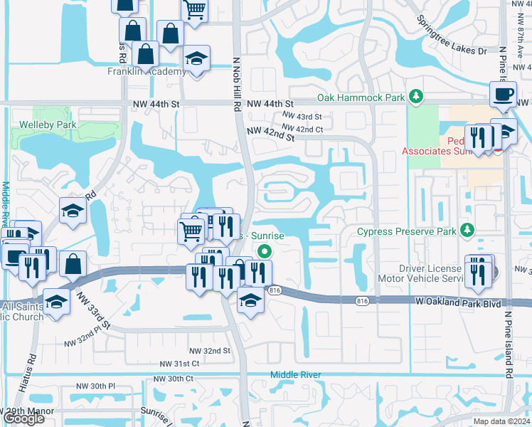 map of restaurants, bars, coffee shops, grocery stores, and more near 460 Nob Hill Court in Sunrise