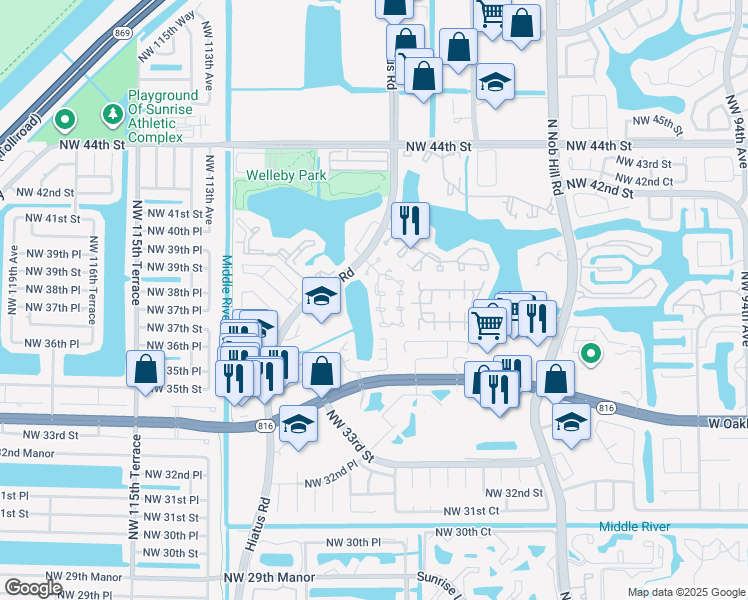 map of restaurants, bars, coffee shops, grocery stores, and more near 3761 Northwest 107th Way in Sunrise