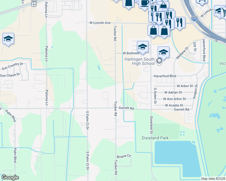 map of restaurants, bars, coffee shops, grocery stores, and more near 2201 Tucker Rd in Harlingen