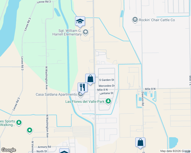 map of restaurants, bars, coffee shops, grocery stores, and more near 3911 North Garden Street in Mercedes