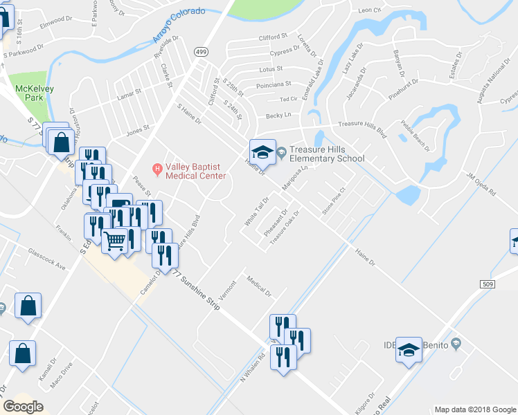 map of restaurants, bars, coffee shops, grocery stores, and more near 2005 White Tail Drive in Harlingen