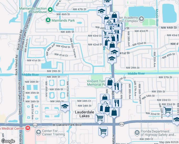 map of restaurants, bars, coffee shops, grocery stores, and more near 4519 Northwest 39th Street in Lauderdale Lakes