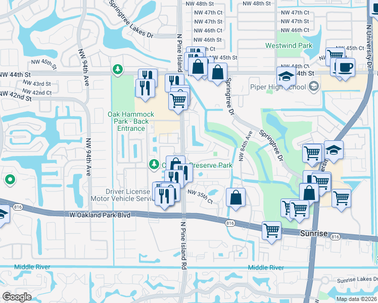 map of restaurants, bars, coffee shops, grocery stores, and more near 8771 Northwest 39th Street in Sunrise