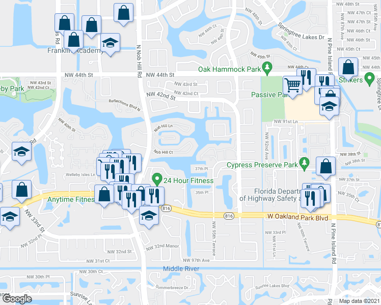 map of restaurants, bars, coffee shops, grocery stores, and more near 580 Nob Hill Court in Sunrise