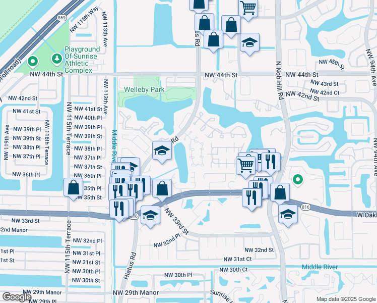 map of restaurants, bars, coffee shops, grocery stores, and more near 3761 Northwest 107th Way in Sunrise