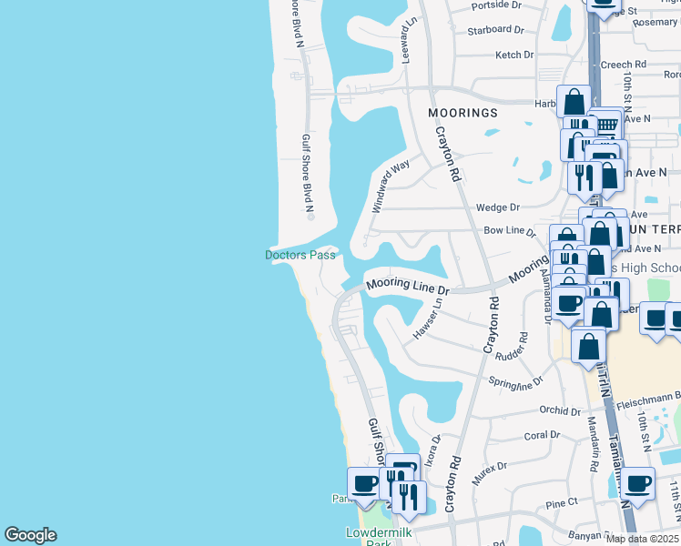 map of restaurants, bars, coffee shops, grocery stores, and more near 2170 Gulf Shore Boulevard North in Naples