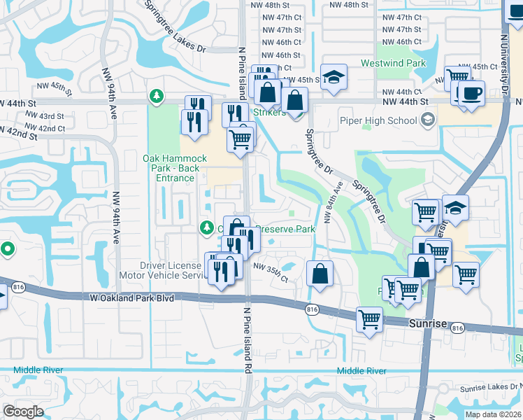map of restaurants, bars, coffee shops, grocery stores, and more near 8771 Northwest 39th Street in Sunrise