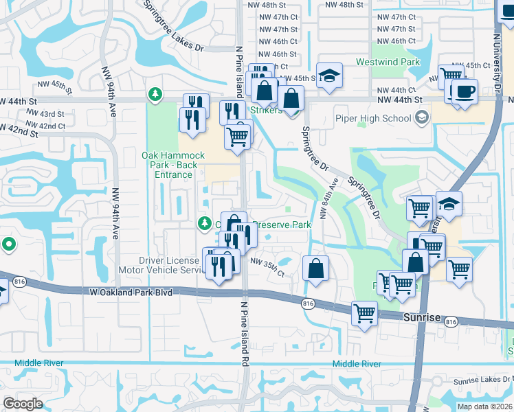 map of restaurants, bars, coffee shops, grocery stores, and more near 8771 Northwest 39th Street in Sunrise