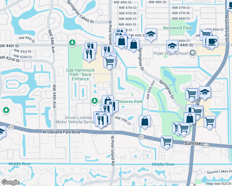 map of restaurants, bars, coffee shops, grocery stores, and more near 8771 Northwest 39th Street in Sunrise