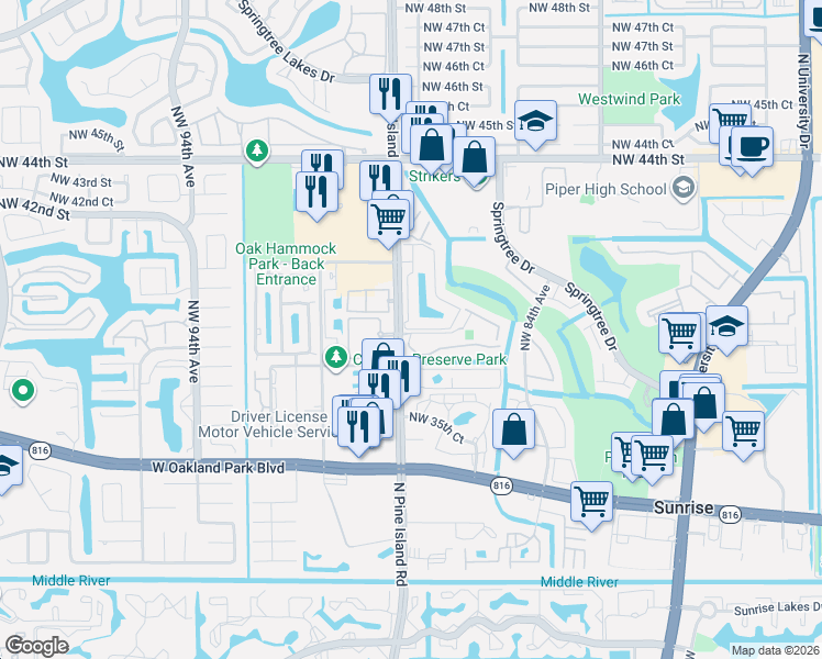 map of restaurants, bars, coffee shops, grocery stores, and more near 8771 Northwest 39th Street in Sunrise