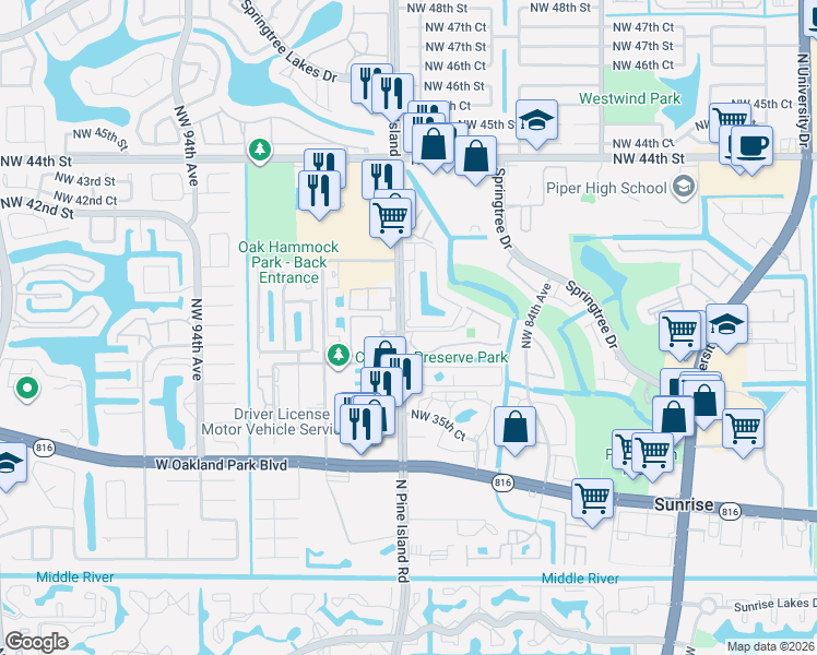 map of restaurants, bars, coffee shops, grocery stores, and more near 3891 North Pine Island Road in Sunrise