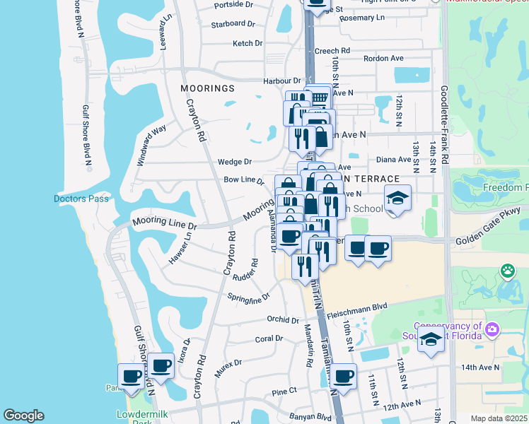 map of restaurants, bars, coffee shops, grocery stores, and more near 698 Mooring Line Drive in Naples