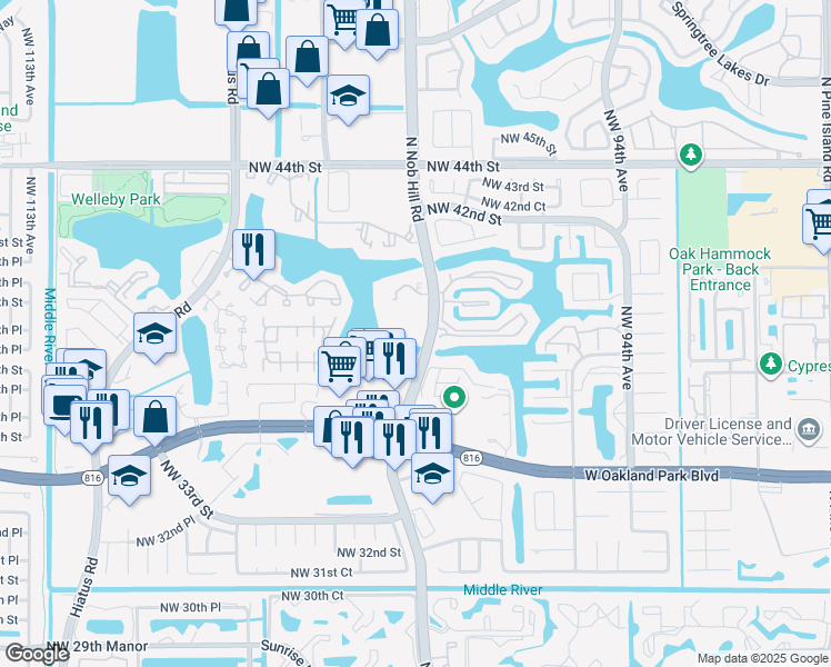 map of restaurants, bars, coffee shops, grocery stores, and more near 3955 North Nob Hill Road in Sunrise