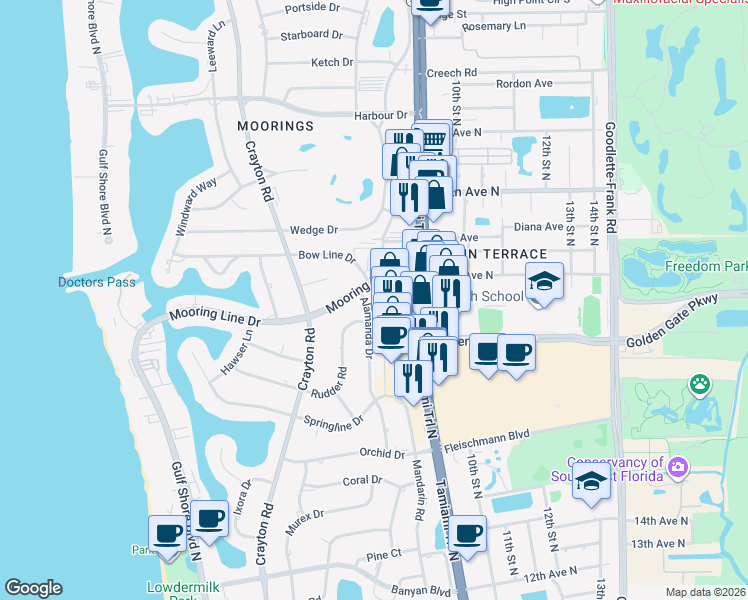 map of restaurants, bars, coffee shops, grocery stores, and more near 698 Mooring Line Drive in Naples