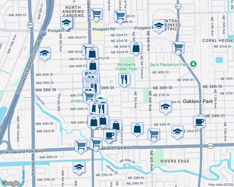 map of restaurants, bars, coffee shops, grocery stores, and more near 250 Northeast 38th Street in Oakland Park