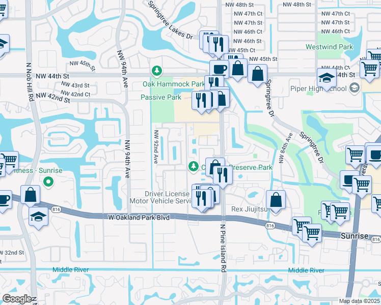 map of restaurants, bars, coffee shops, grocery stores, and more near 3906 Northwest 90th Avenue in Sunrise