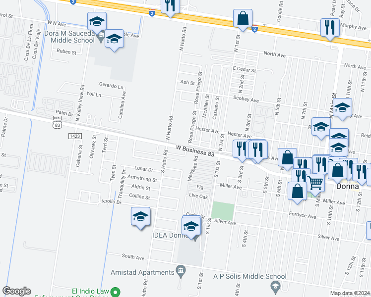 map of restaurants, bars, coffee shops, grocery stores, and more near 225 U.S. 83 Business in Donna