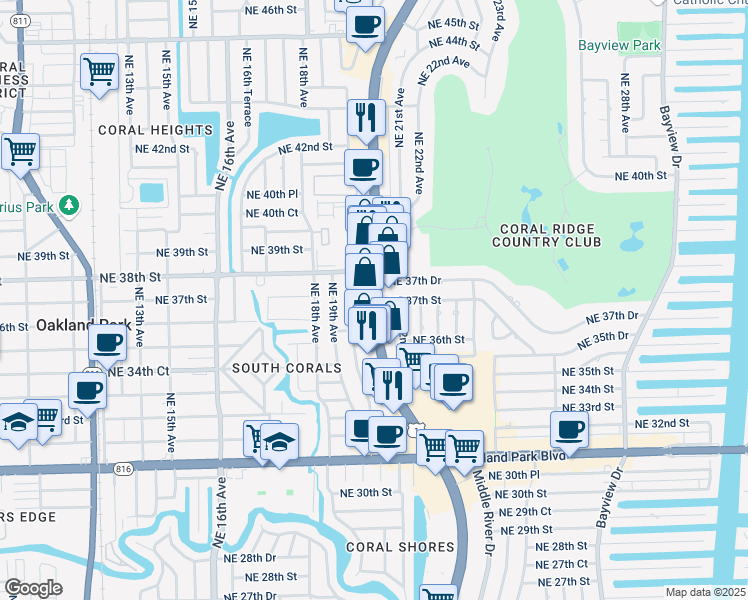 map of restaurants, bars, coffee shops, grocery stores, and more near 3773 North Federal Highway in Fort Lauderdale
