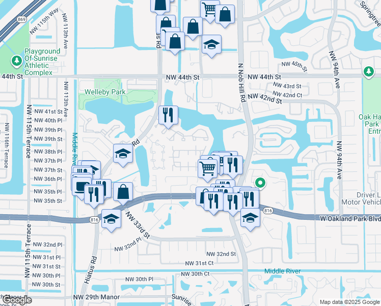 map of restaurants, bars, coffee shops, grocery stores, and more near 10023 Winding Lake Road in Sunrise