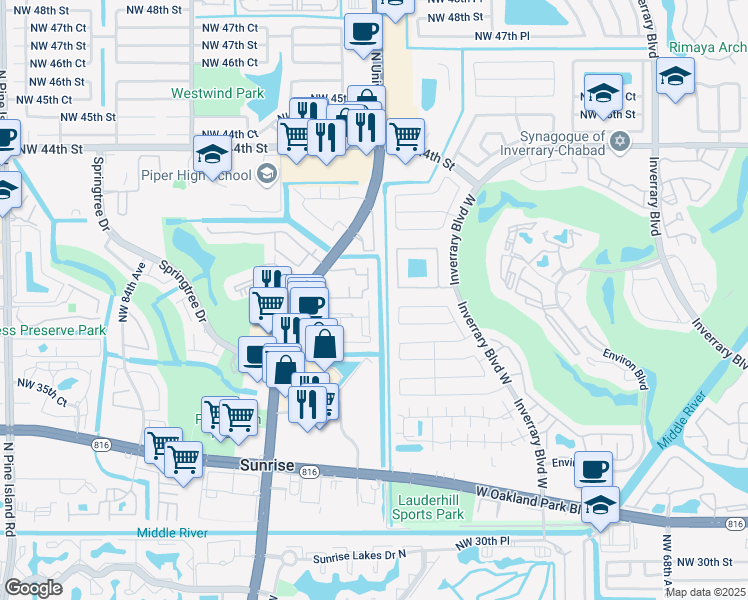 map of restaurants, bars, coffee shops, grocery stores, and more near 3905 Northwest 75th Terrace in Lauderhill