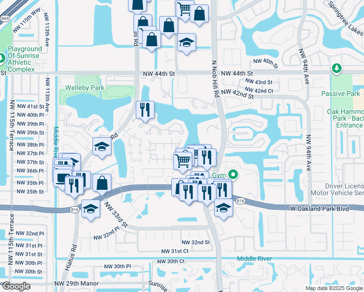 map of restaurants, bars, coffee shops, grocery stores, and more near 10022 Winding Lake Road in Sunrise