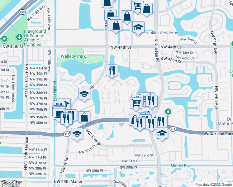 map of restaurants, bars, coffee shops, grocery stores, and more near 10023 Winding Lake Road in Sunrise