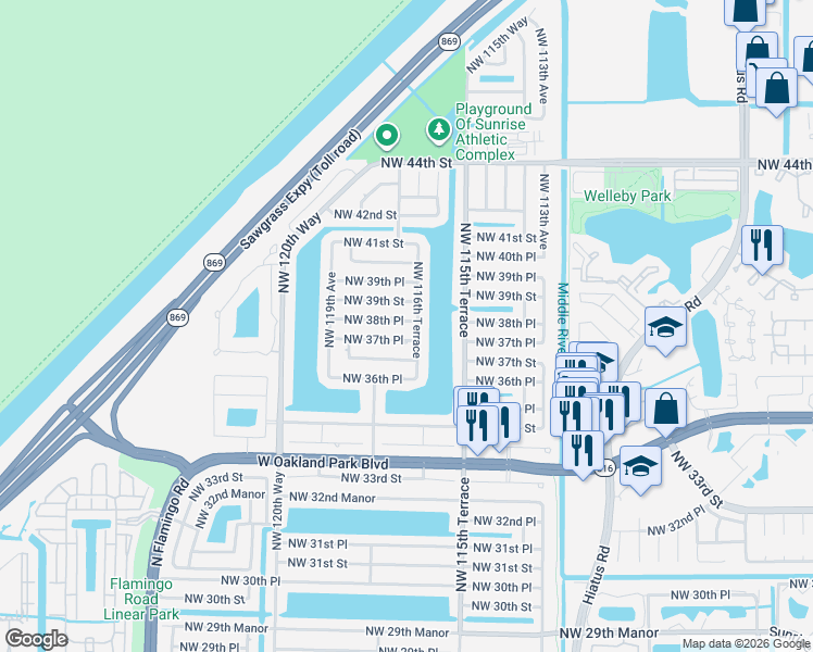 map of restaurants, bars, coffee shops, grocery stores, and more near 11651 Northwest 38th Place in Sunrise