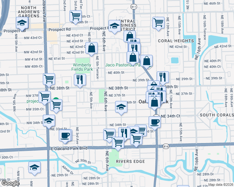 map of restaurants, bars, coffee shops, grocery stores, and more near 699 Northeast 37th Street in Oakland Park