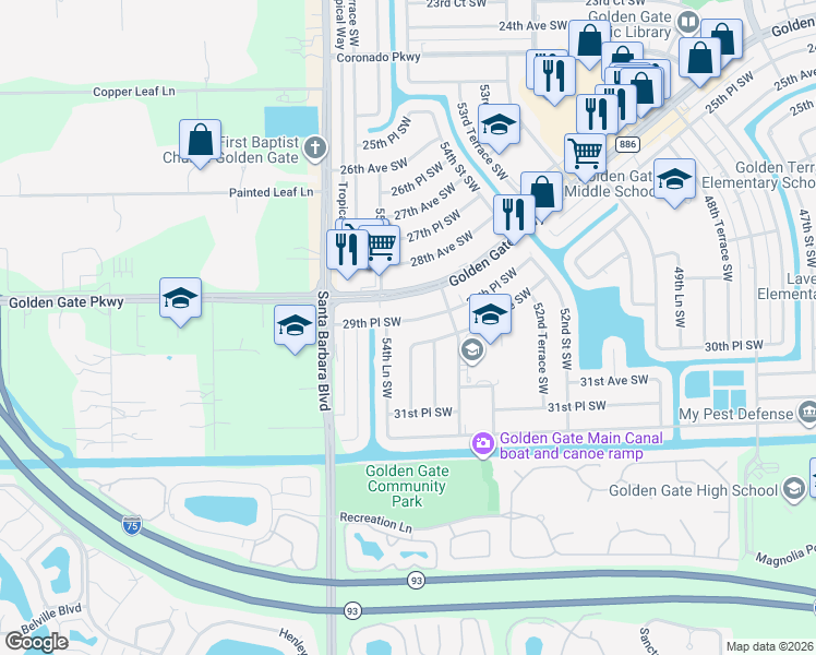 map of restaurants, bars, coffee shops, grocery stores, and more near 5428 29th Place Southwest in Naples