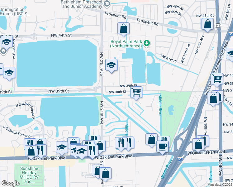 map of restaurants, bars, coffee shops, grocery stores, and more near 1924 Northwest 38th Street in Oakland Park