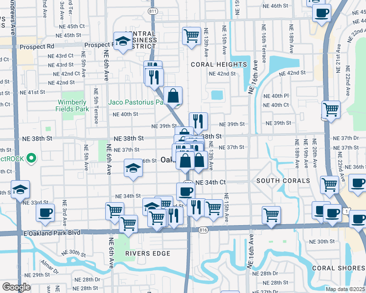 map of restaurants, bars, coffee shops, grocery stores, and more near in Oakland Park