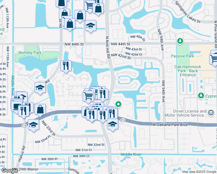 map of restaurants, bars, coffee shops, grocery stores, and more near 3905 North Nob Hill Road in Sunrise