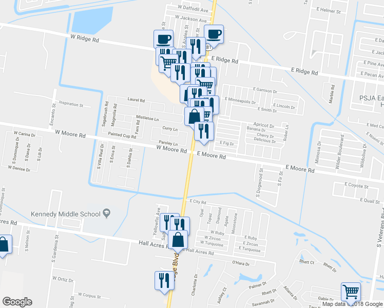 map of restaurants, bars, coffee shops, grocery stores, and more near 100 East Moore Road in Pharr