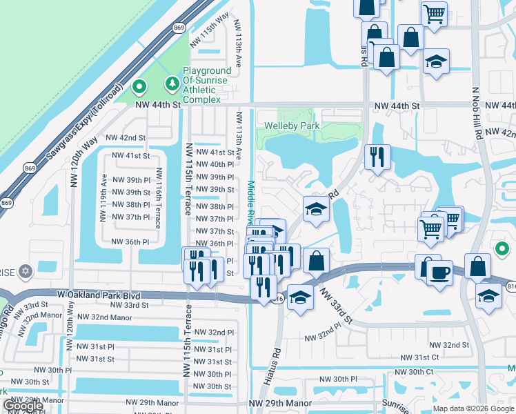 map of restaurants, bars, coffee shops, grocery stores, and more near 3661 Northwest 111th Terrace in Sunrise