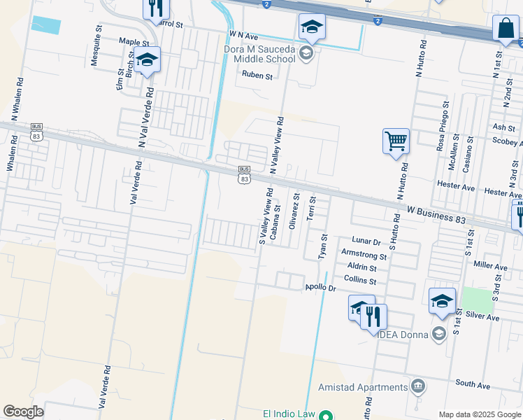 map of restaurants, bars, coffee shops, grocery stores, and more near 117 North Valley View Road in Donna